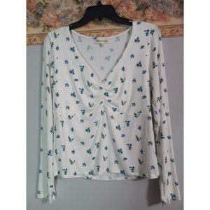 Nikki Erin XL White Floral Casual Y2K Ribbed Long Sleeve Stretch Shirt